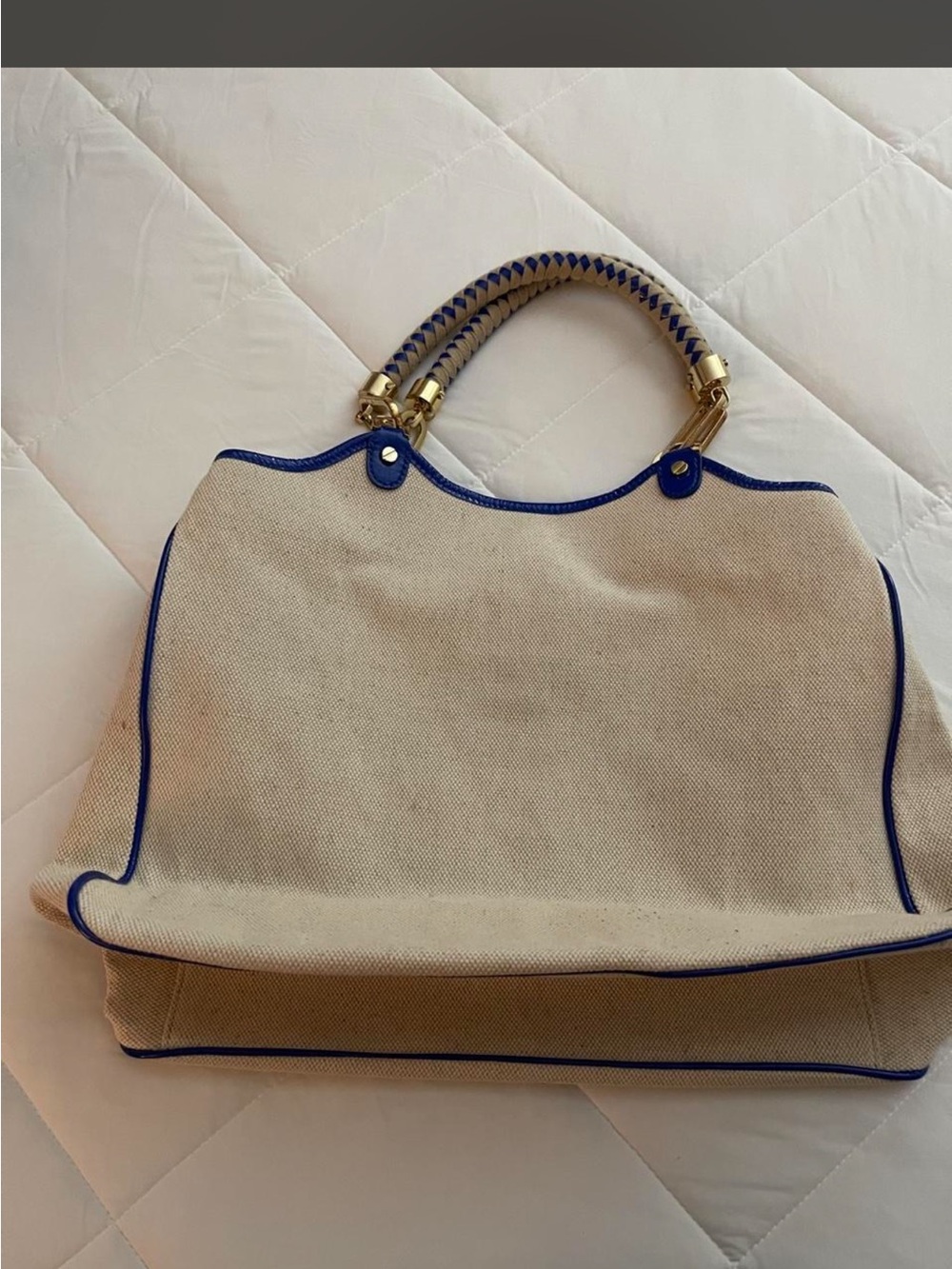 Tory Burch Beige Canvas Tote with Blue Trim and Braided Handles - Picture 3 of 8